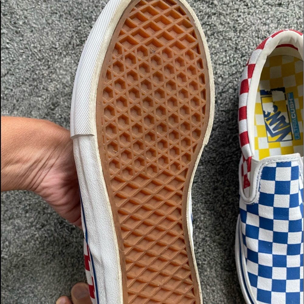 Vans Slip-On Blue & Red Checkerboard Skate Shoes men 7 women 8